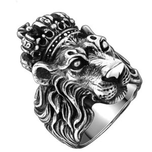 Fashion Frill Charming Finger Ring For Men Silver King Lion Silver Plated Adjustable Stylish Silver Ring For Men Boys Girls Stainless Steel Dude Evil Eye Chain Rings for Men Boys Jewellery Love Gifts