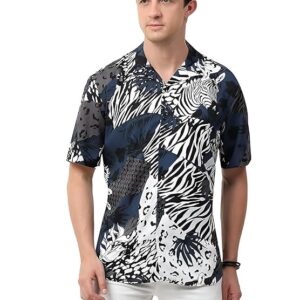 GLORYBOYZ Half Sleeve Printed Shirts for Men Relaxed Fit Tropical Leaf Hawaiian Stylish Men's Casual Shirt Revere Collared Neck Vacation Goa Beach Summer Shirts for Men Plus Size S to 6XL