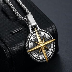 Fashion Frill Silver Chain Pendant For Men Round Pendant Cross Compass Necklace Chain For Men Boys Men's Jewellery Pendant Necklace Accessories